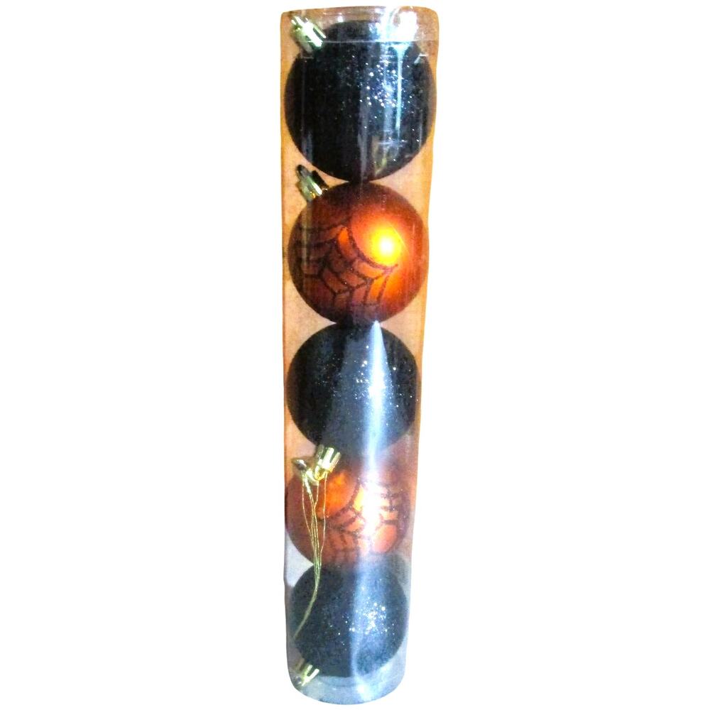 Halloween Ornaments Set Black & Orange Spiderweb Glitter Balls Tree Wreath Decor